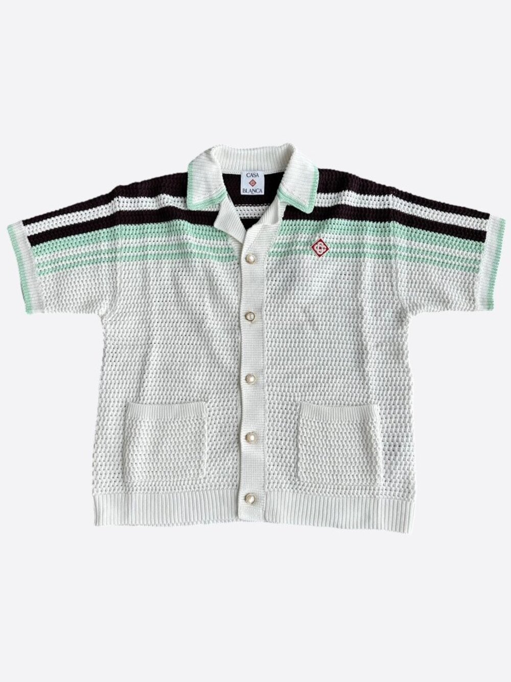 Casablanca White, Black & Blue Striped Crochet Button Up Shirt